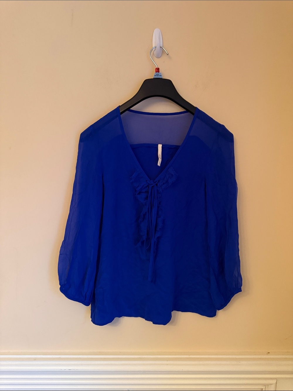 Nanette Lepore Cobalt Blue V-Neck Tie-Front Sheer 100% Silk Blouse Size Small